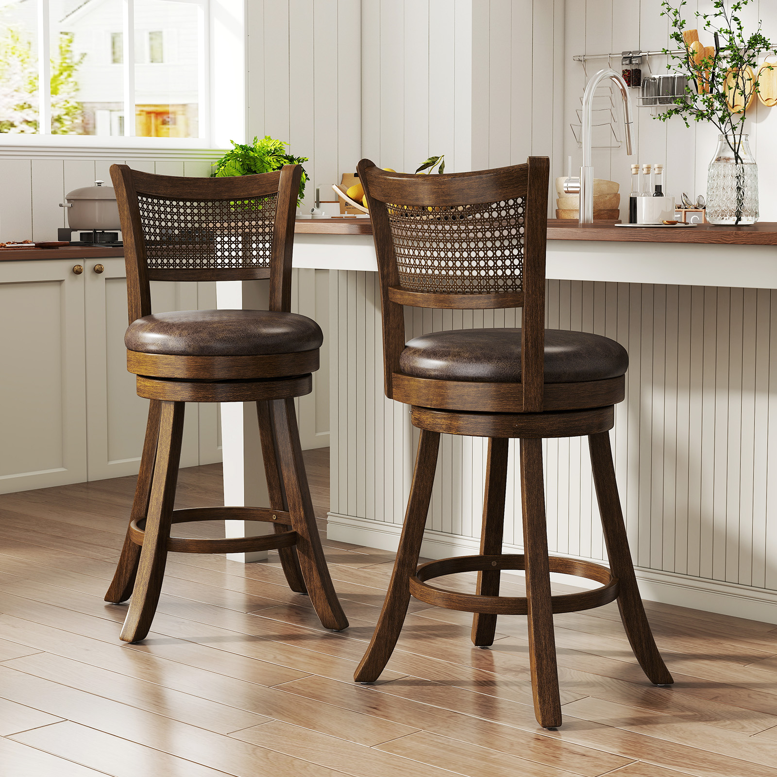 Swivel Bar Stools 2 Pack Counter Height Ergonomic Rattan Backrest Brown